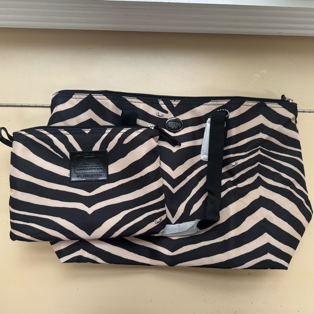 Coach Devin Black and Tan Zebra Print Nylon Getaway Overnight Tote and Pouch